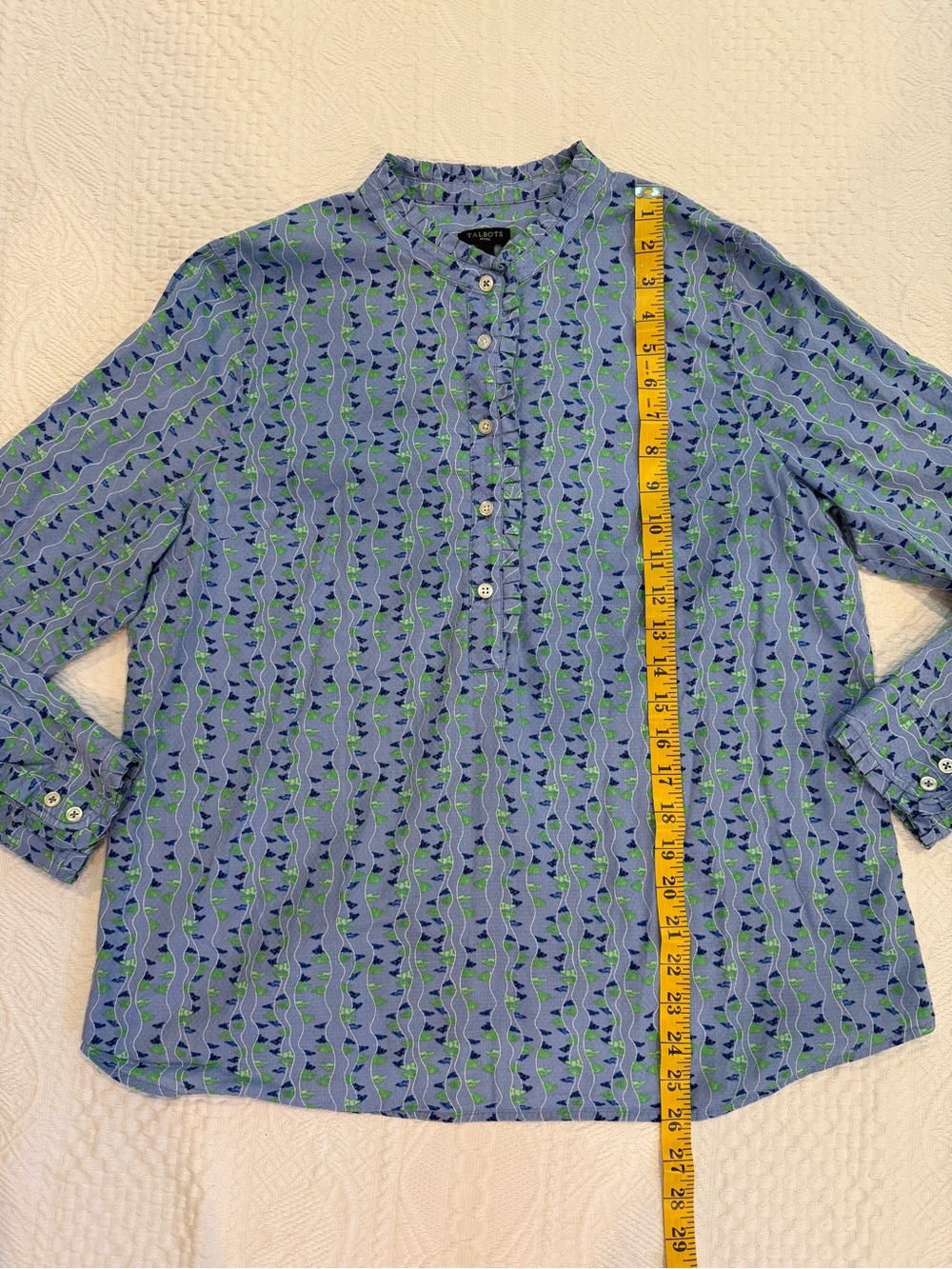 TALBOTS Womens Button Blouse Long Sleeve Blue Green Geometric Ruffle Size LP - Picture 6 of 6